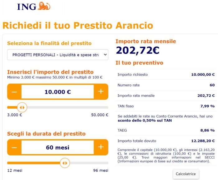 simulazione prestito arancio da 10000 euro